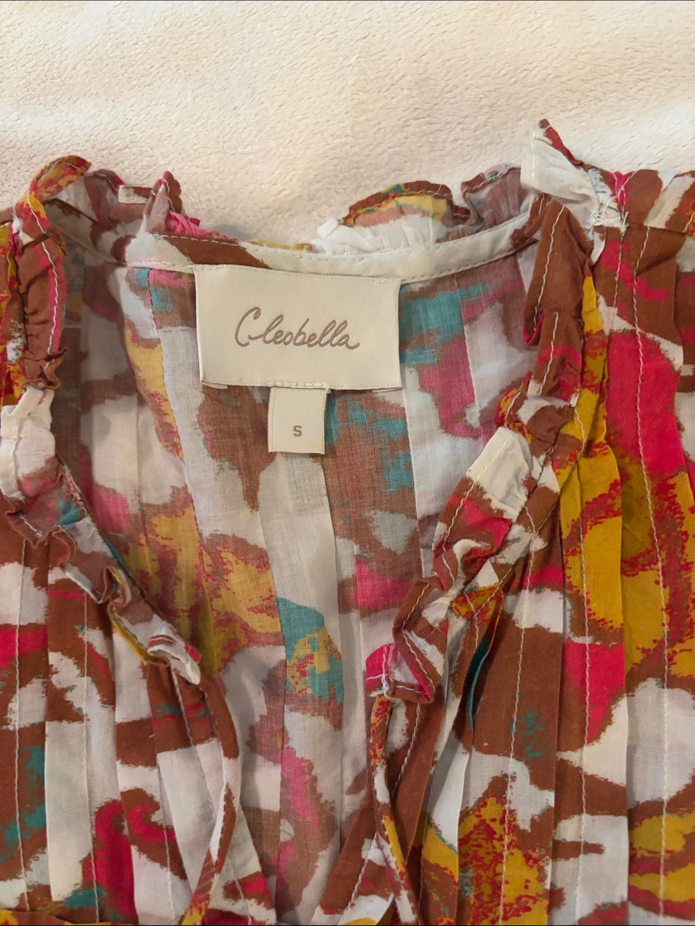 Cleobella Floral Button-Front Peasant Blouse in White, Brown, Mustard & Pink - Picture 2 of 3